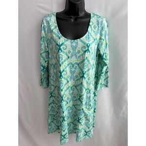 Fresh Produce Shift Dress Green Floral Cotton Pockets Hippie Preppy Size S Cute